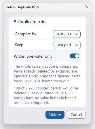 Delete Duplicate Parts ダイアログ構成